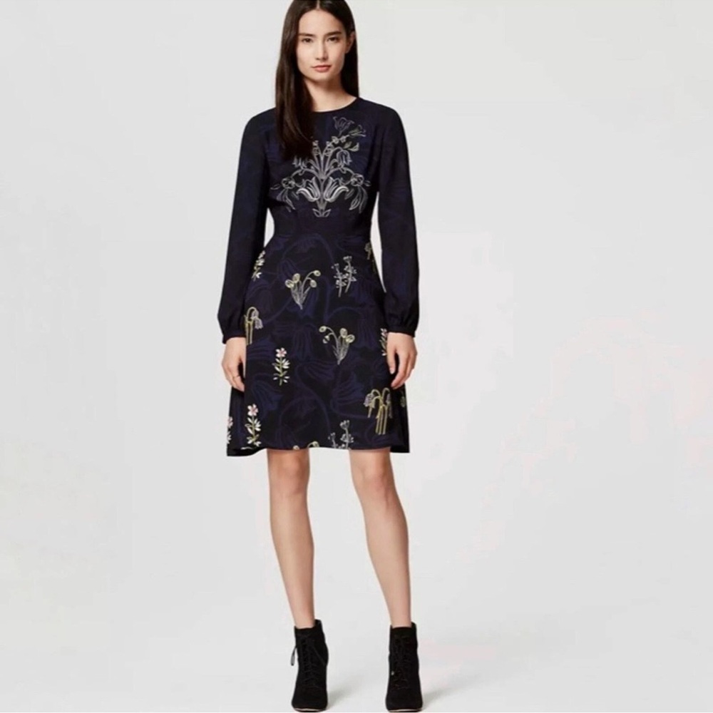 LOFT Valley Black Navy Floral Fit Flare Blouson Sleeve Dress Sz 12
